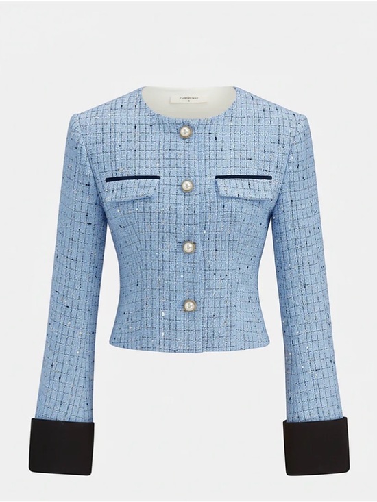 Commense Jackets & Blazers - Commense Light Blue Tweed Cropped Jacket with Pearl Buttons